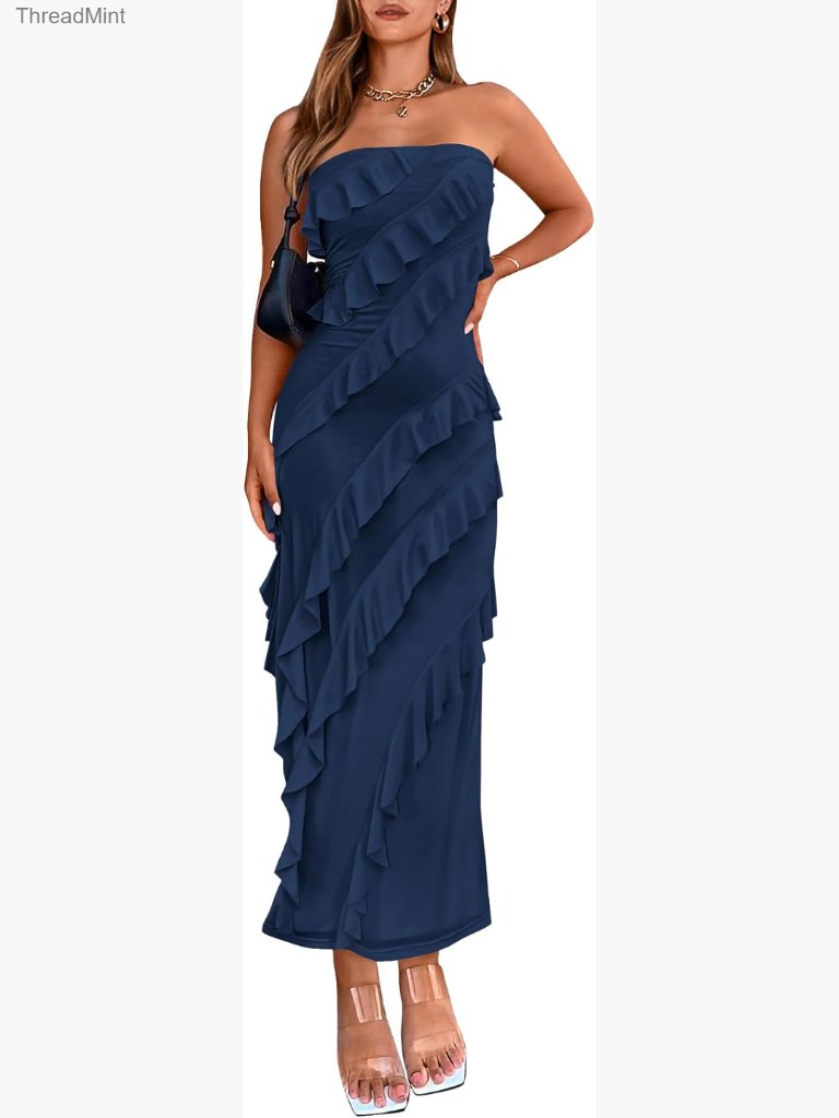 Strapless Midi Bodycon Dress Ruched Mesh Formal Cocktail Party